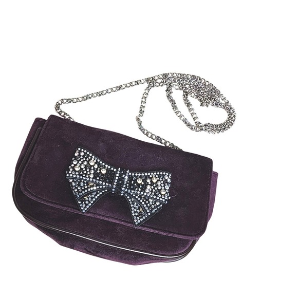 Venus Faux‎ Suede Purse Purple Rhinestone Bow Chain Crossbody Strap Party - Picture 1 of 5
